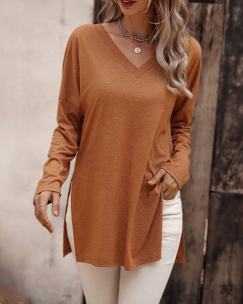 Solid Long-sleeved Side Split T-shirt