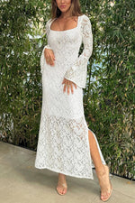 Crochet Lace Bell Sleeves Midi Dress