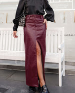 Wine Red Faux Leather Split Midi Skirt