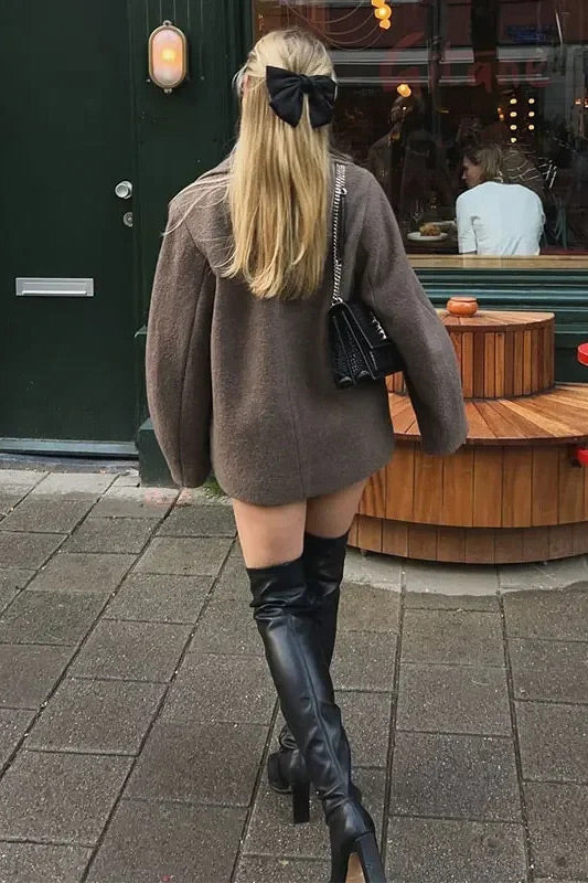 Grey Notched Lapel Woolen Coat