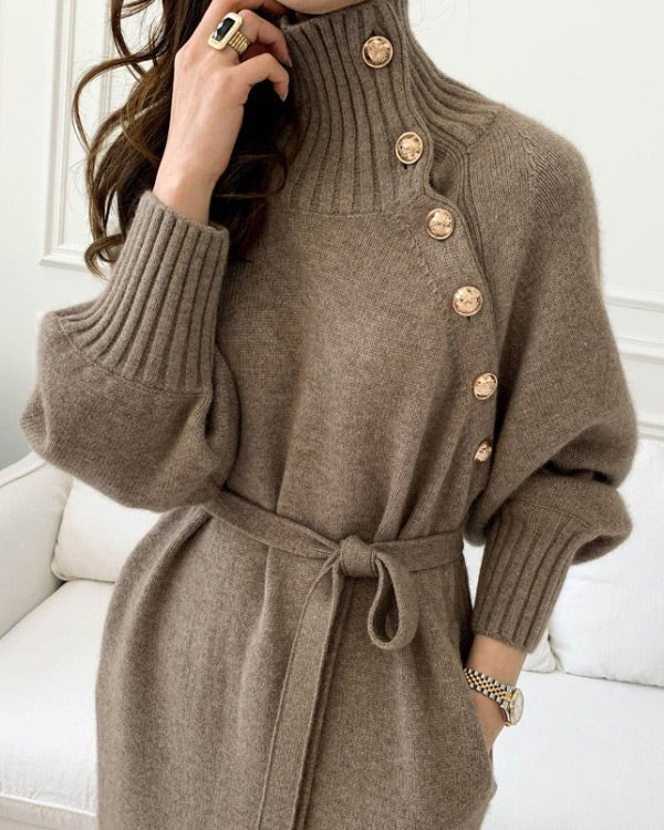 Buttoned Trim Knit Long Sleeves Sweater Dress