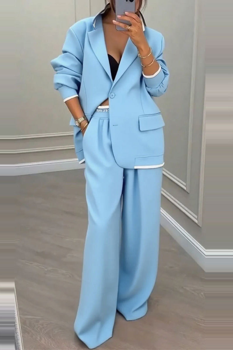 Solid Stylish Blazer and Wide-Leg Pants Two Piece Set