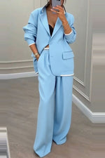 Solid Stylish Blazer and Wide-Leg Pants Two Piece Set