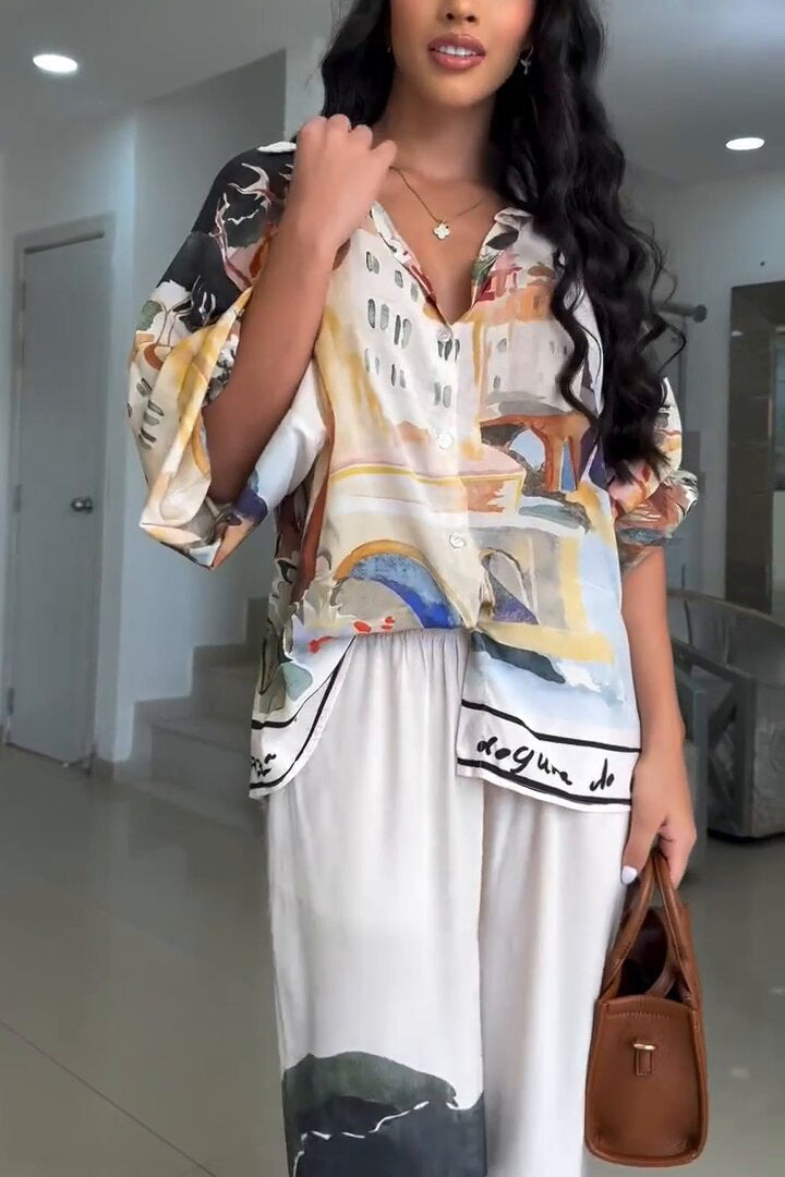 Panoramic Printed Chiffon Shirt and Wide-Leg Pants Two-Piece Set