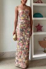 Embroidered Floral Slim Fit Slip Midi Dress