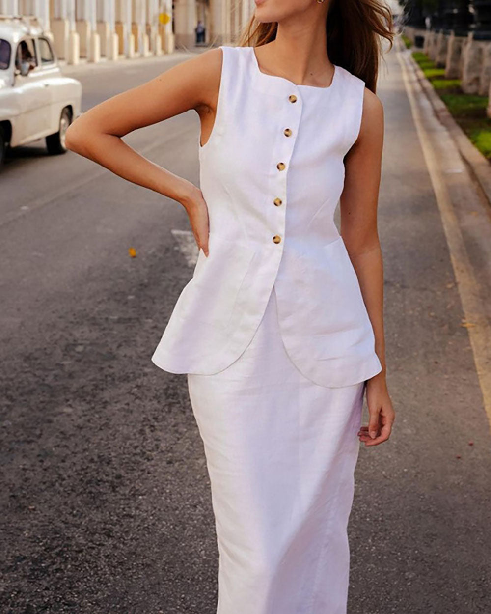White Sleeveless Vest and Skirt Linen Two Piece Suits
