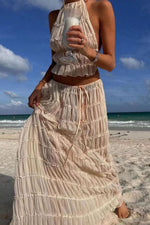 Ruched Textured Tank Top and Maxi Skirt Two Piece Suit