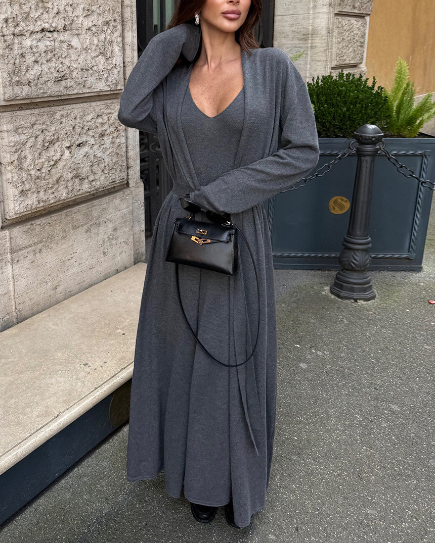 White Knit Midi Dress and Long Cardigan Two Piece Suit