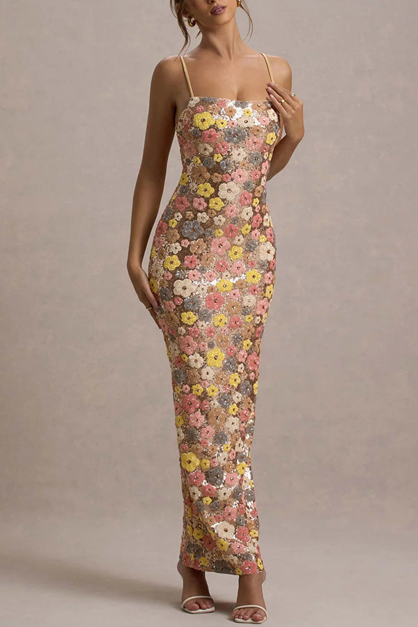 Embroidered Floral Slim Fit Slip Midi Dress