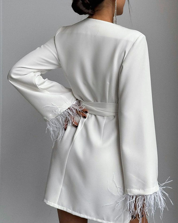White Feather Cuff Wrap Blazer Dress