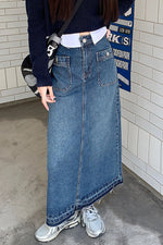 Blue Washed Patched Pockets Denim skirt
