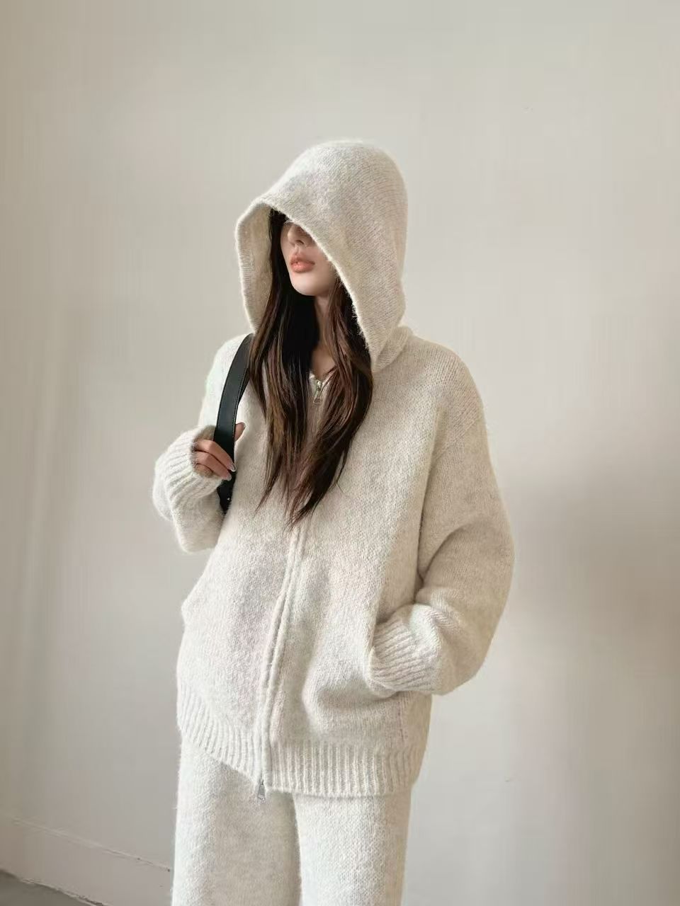 Thermal Hooded Cardigan and Pants Knit Two-Piece Set
