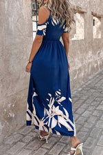 Navy Blue Floral Pleated Waist Midi Dress