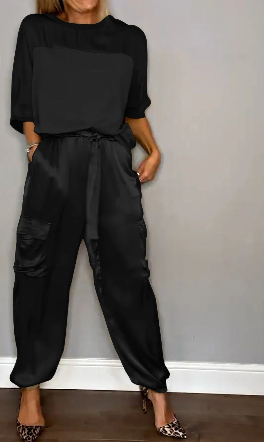 Casual Satin Half-sleeved Top and Pant Two-piece Sets