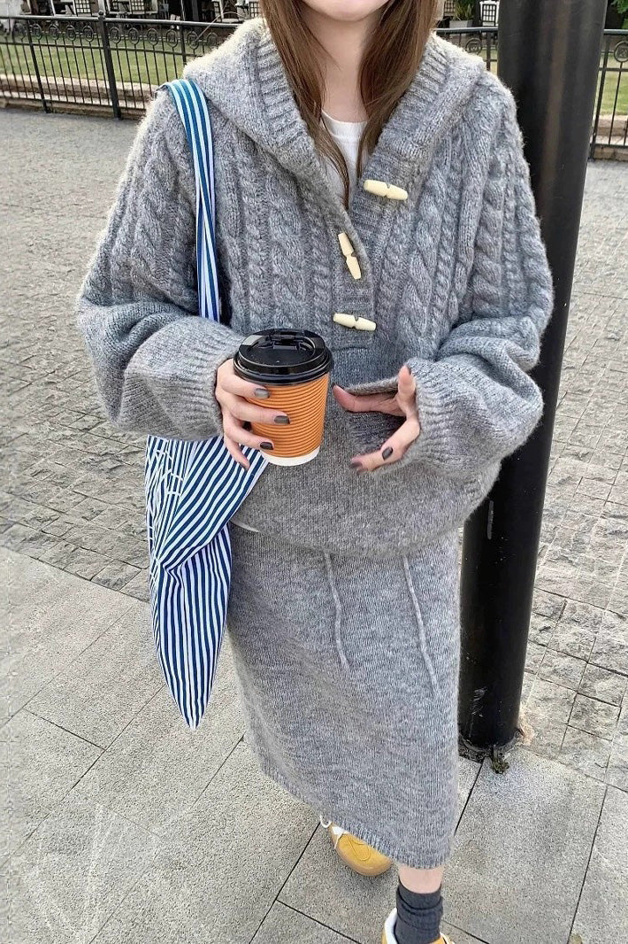 Cable Knit Hooded Sweater and Knit Skirt Two Piece Set