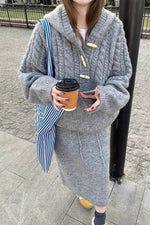 Cable Knit Hooded Sweater and Skirt Two-Piece Set