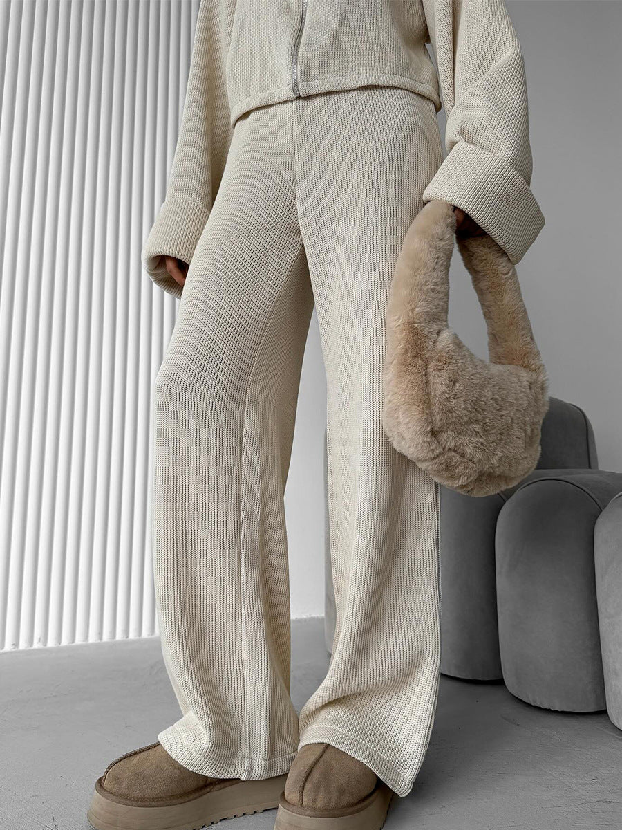 Ribbed Knit Zippered Jacket and Pants Two-Piece Suit