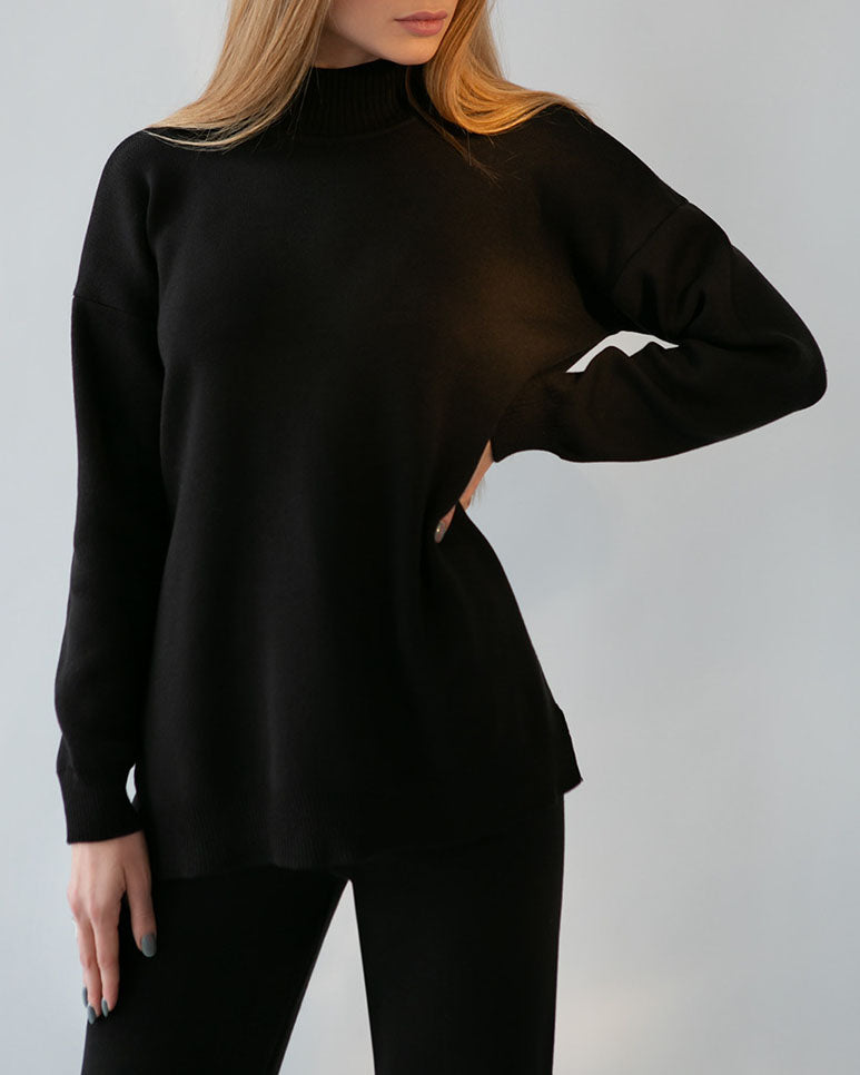 Solid Knitted Split Sweater and Pants Two-Piece Set
