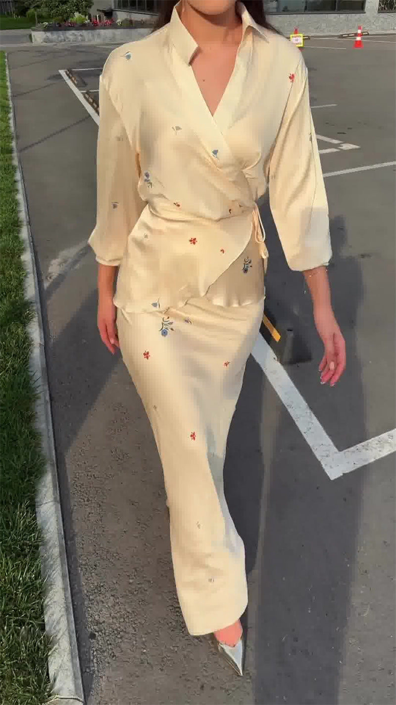 Beige Satin Long Sleeves Top and Skirt Two-Piece Suit