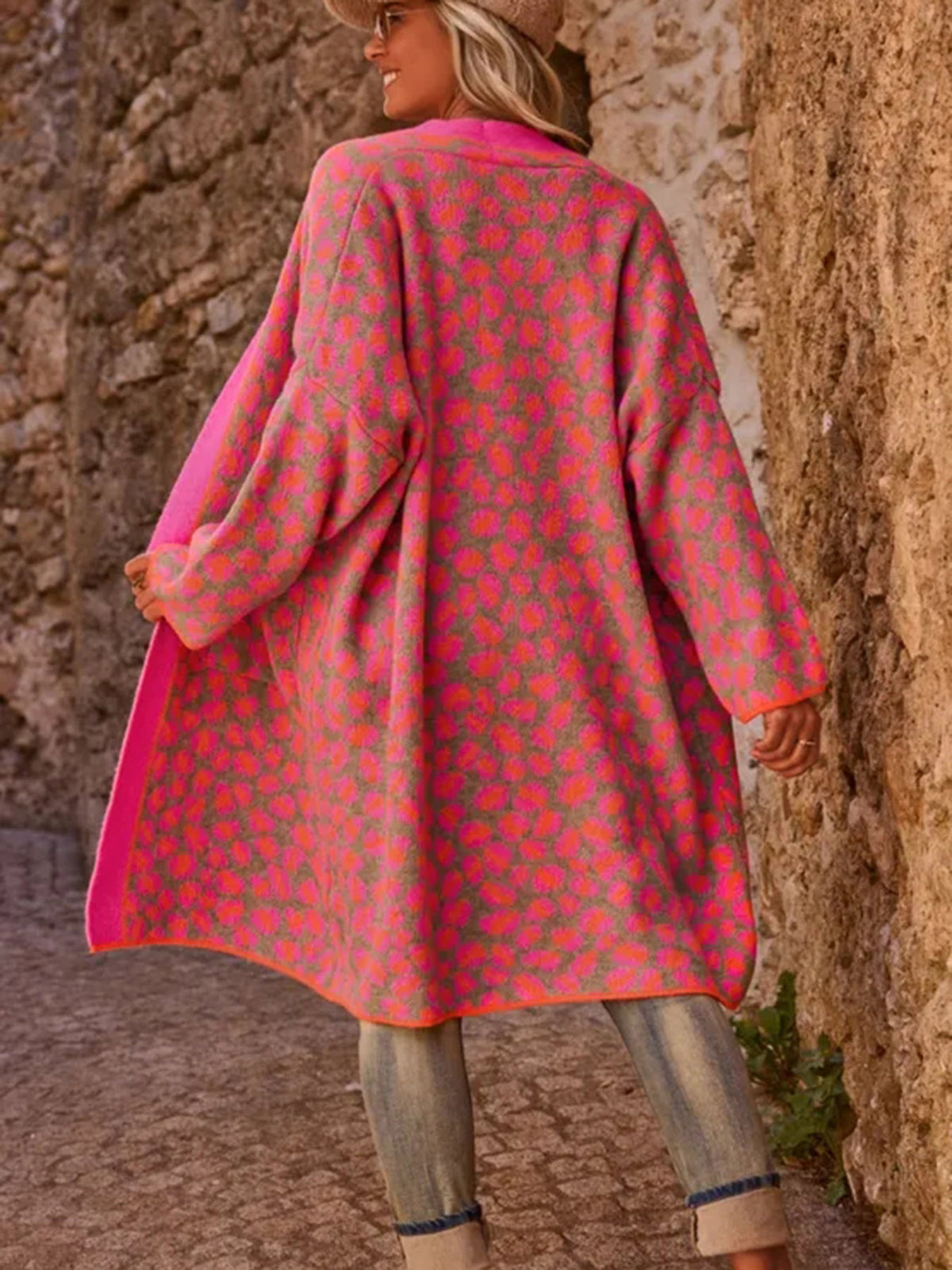 Hot Pink Leopard Print Long Cardigan Coat
