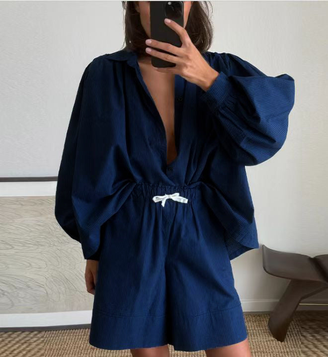 Navy Blue Lantern Sleeve Shirt and Shorts Two-Piece Set