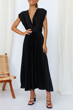 Satin Pleated V-Neck Midi Dress