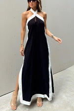 Contrast Crossover Halter Neck Midi Dress