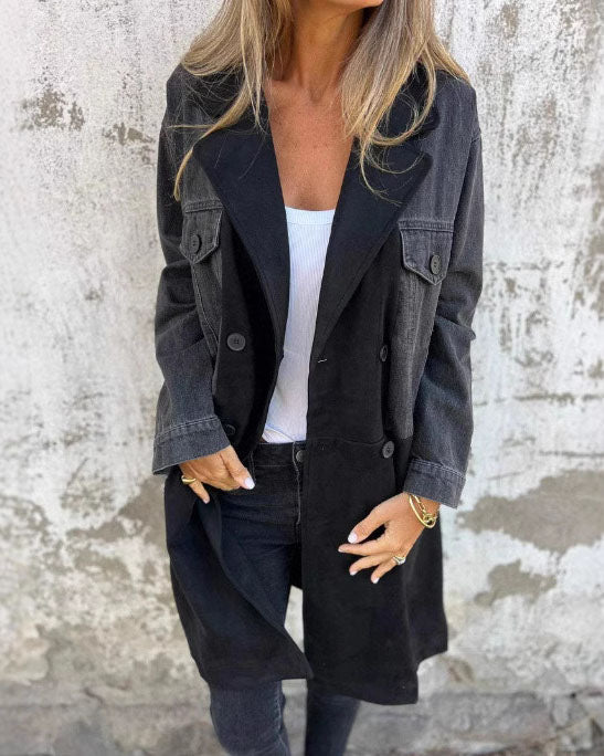 Denim Patchwork Long Trench Coat