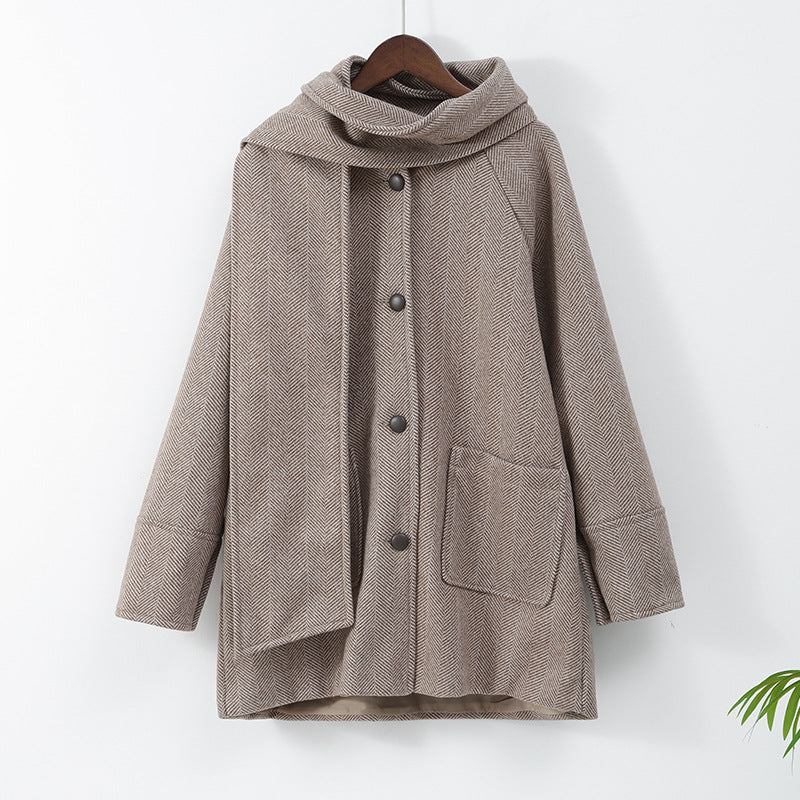 Khaki Striped Scarf Tweed Coat