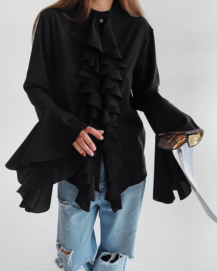 Solid Bell Cuffs Chiffon Ruffled Shirt