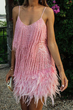 Sequin Fringed Feather-Hemline Mini Slip Dress