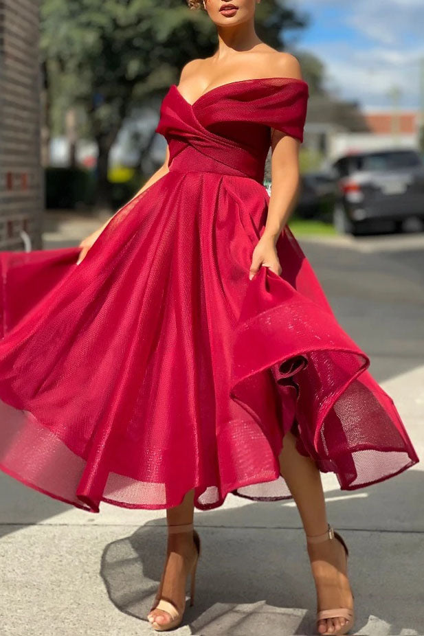 Mesh Off-Shoulder Crossover Neckline Midi Dress