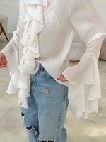 Solid Bell Cuffs Chiffon Ruffled Shirt
