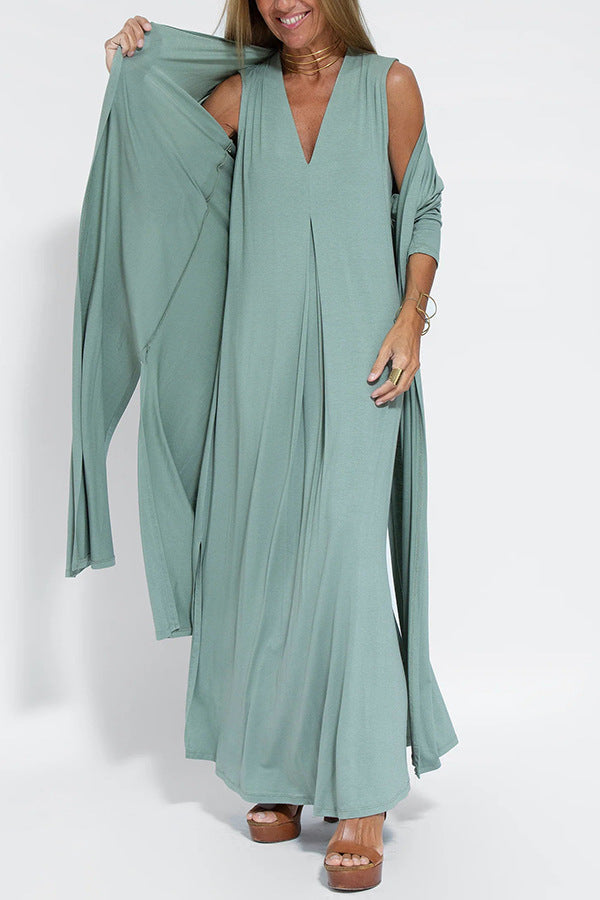 Casual Sleeveless Midi Dress and Long Cardigan Two-Piece Suit