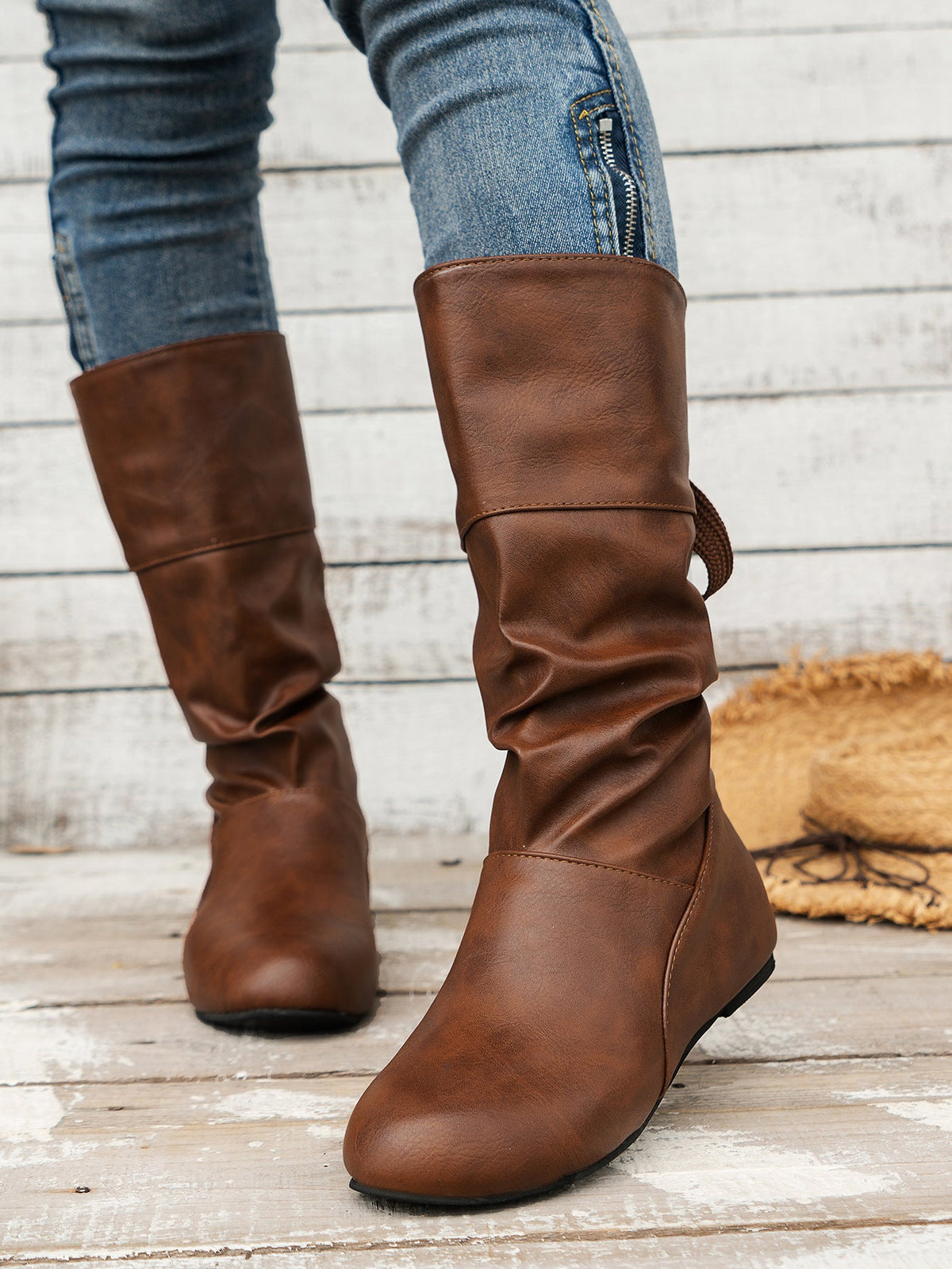 Back-Tie Trim Mid-Calf Leather Boots