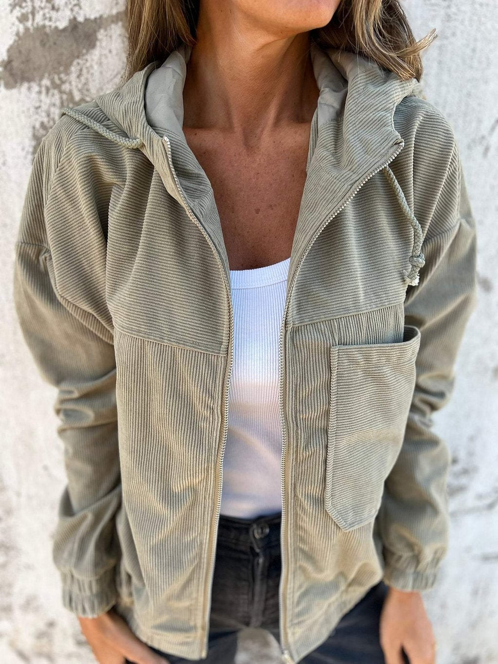 Casual Corduroy Hooded Zip-Up Jacket
