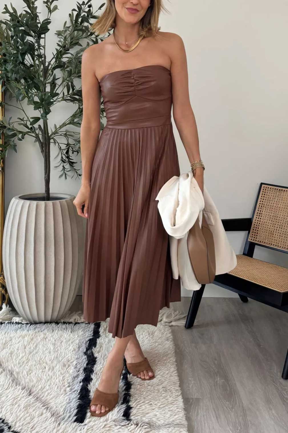 Leather Pleated Midi Bandeau Dress