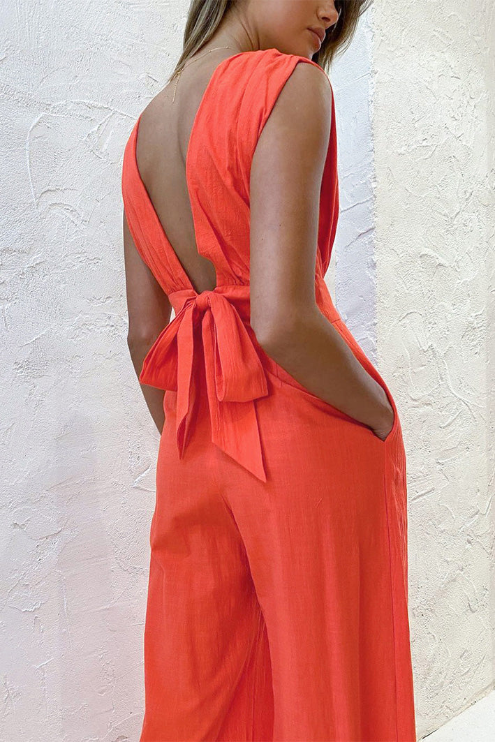 Orange Deep V Linen Sleeveless Jumpsuit