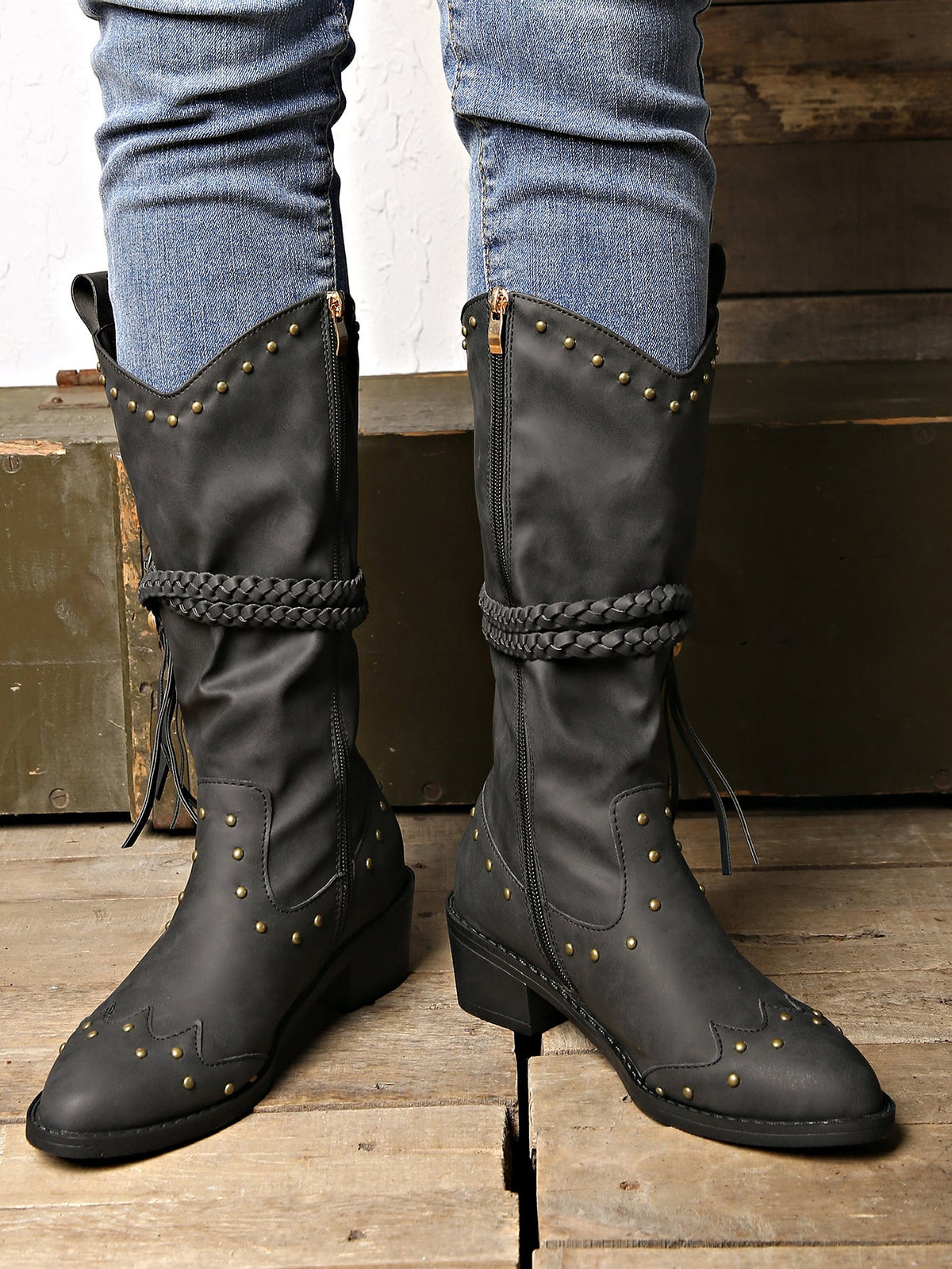 Rivet Belt Tassel Trim Mid-calf Martin Boots