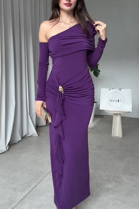 Formal Long-sleeved One Shoulder Slim Midi Dress