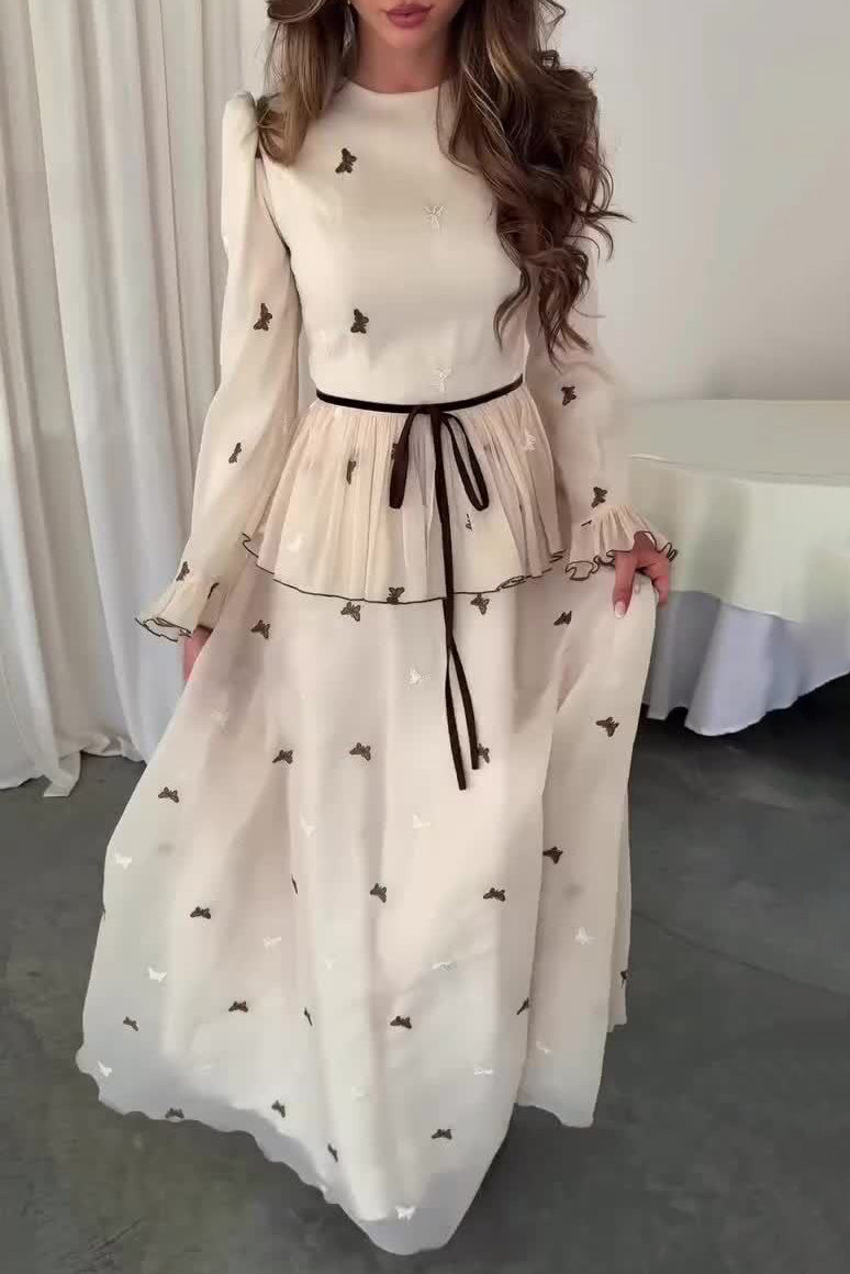 White Embroidery Butterfly Long Sleeves Maxi Dress
