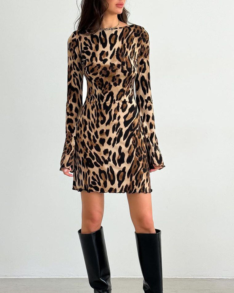 Leopard Print Bell Long Sleeve Bodycon Mini Dress