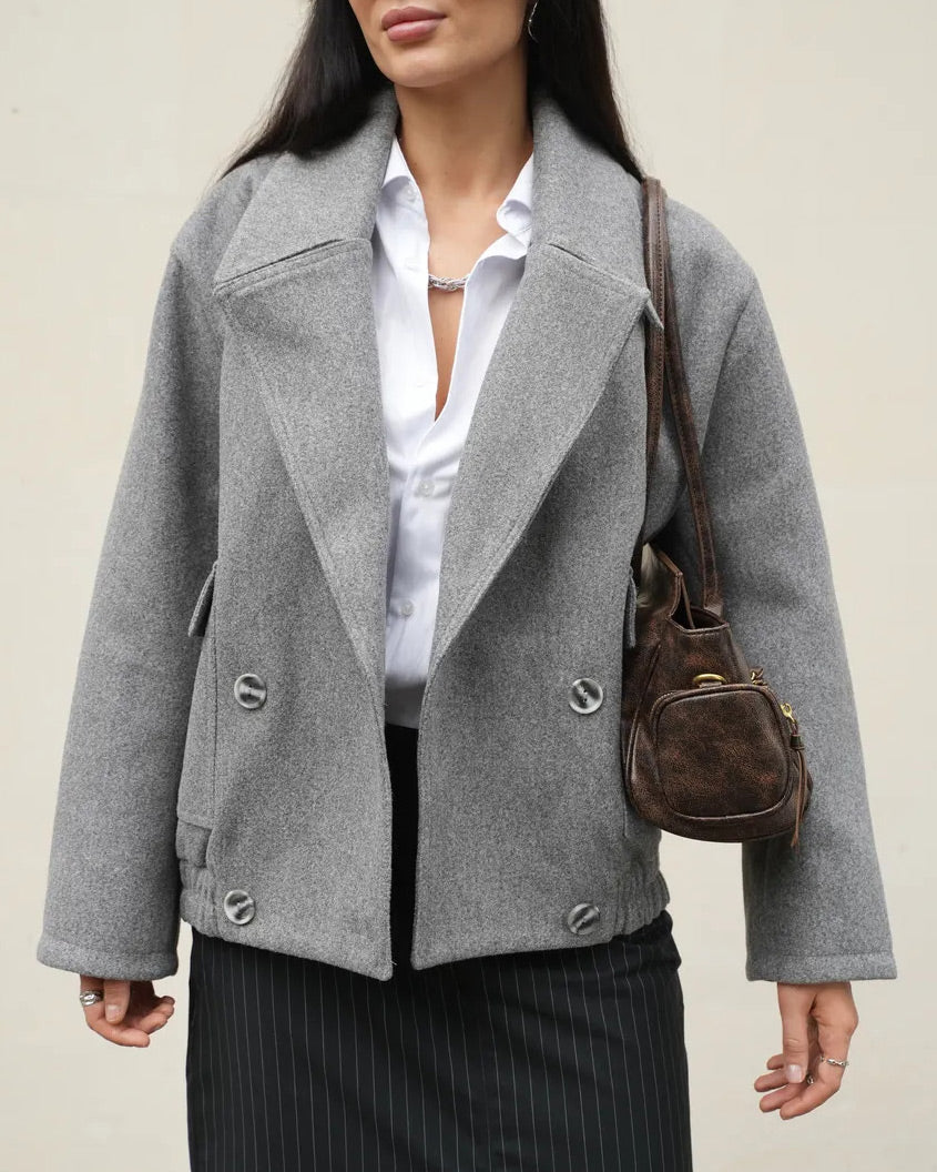 Grey Notched Lapel Short Wool Coat