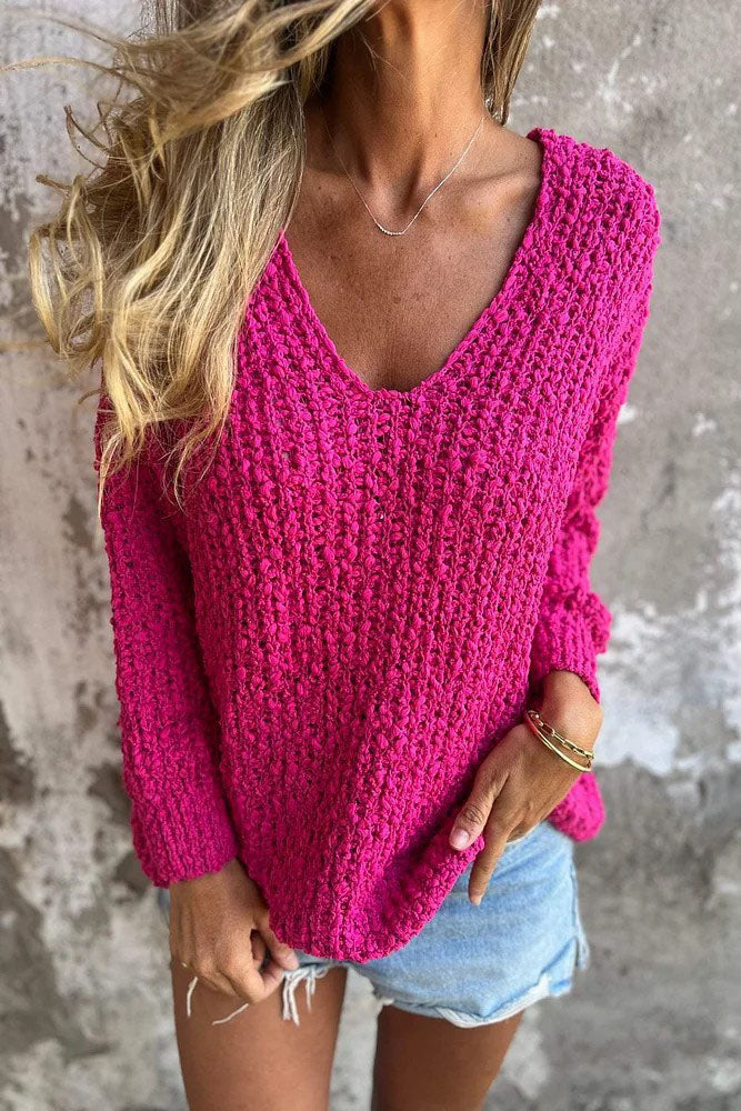 Chunky Knitted V-neck Long Sleeves Sweater
