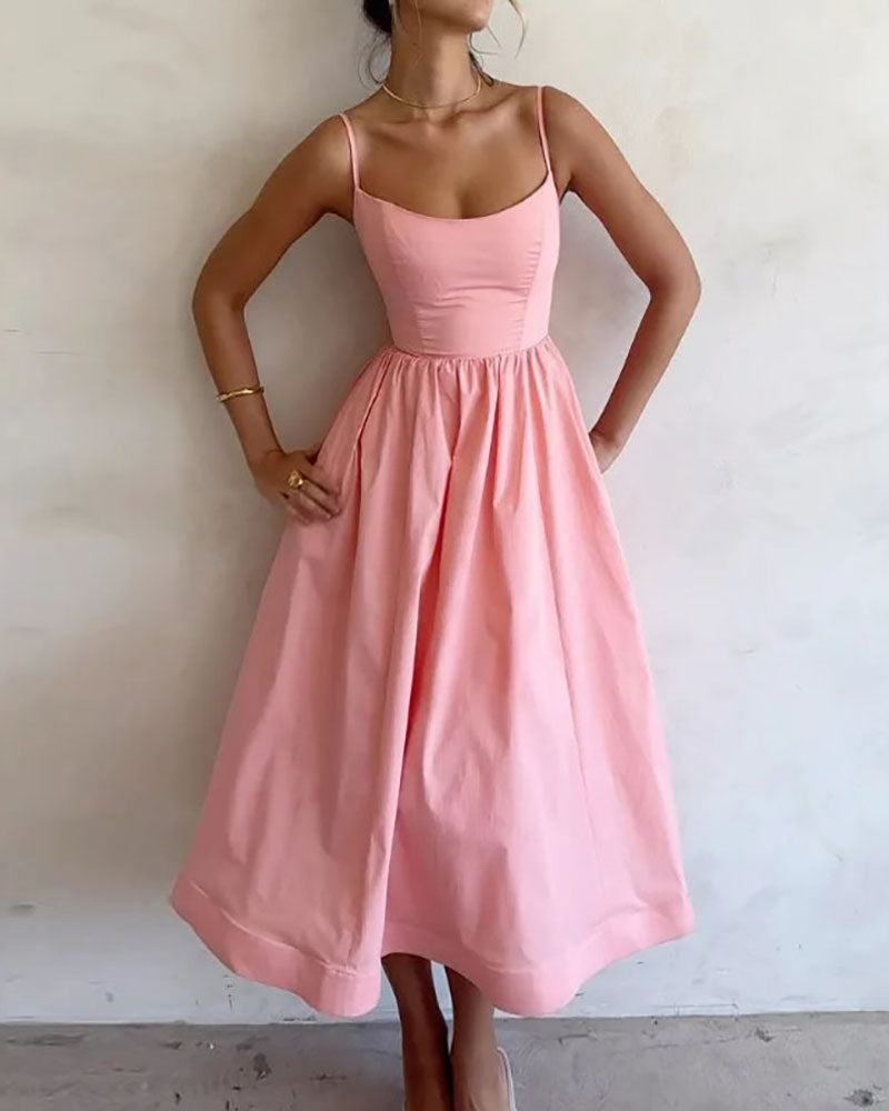Solid Pleated Waist Slip Midi Dress