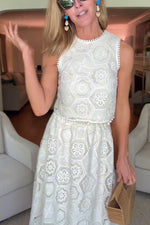 White Crochet Floral Tank and Maxi Skirt Two-Piece Suit