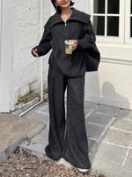 Slouchy Zippered Knit Sweater and Wide-Leg Pants Two-Piece Set
