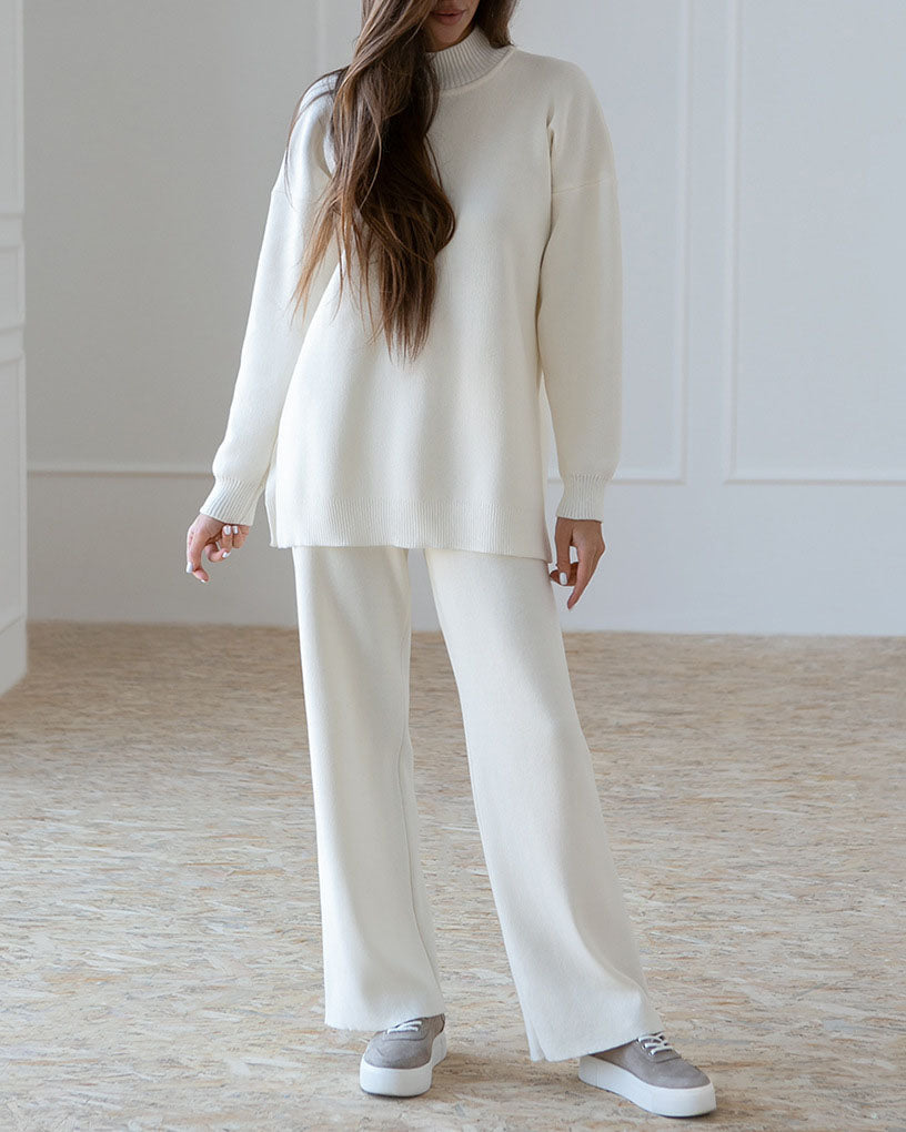 Solid Knitted Split Sweater and Pants Two-Piece Set