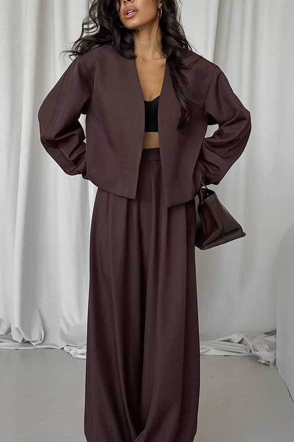 Neat V-neck Top and Loose Trousers Two-Piece Suit