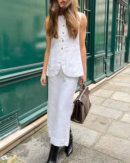 White Sleeveless Vest and Skirt Linen Two Piece Suits